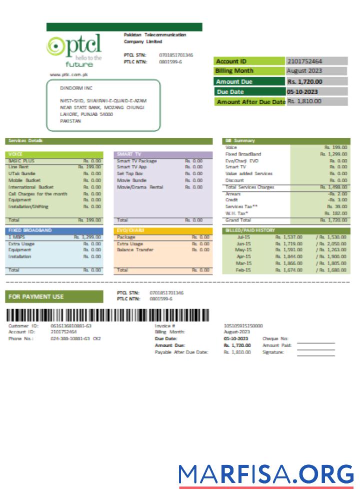 Realistic PTCL utility business bill, SCR real example
